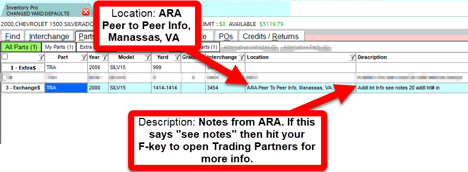 Screenshot of Checkmate, with an arrow pointing to a "Location of ARA Peer to Peer Info, Manassa, VA, and an arrow pointing to a Description with notes from ARA.